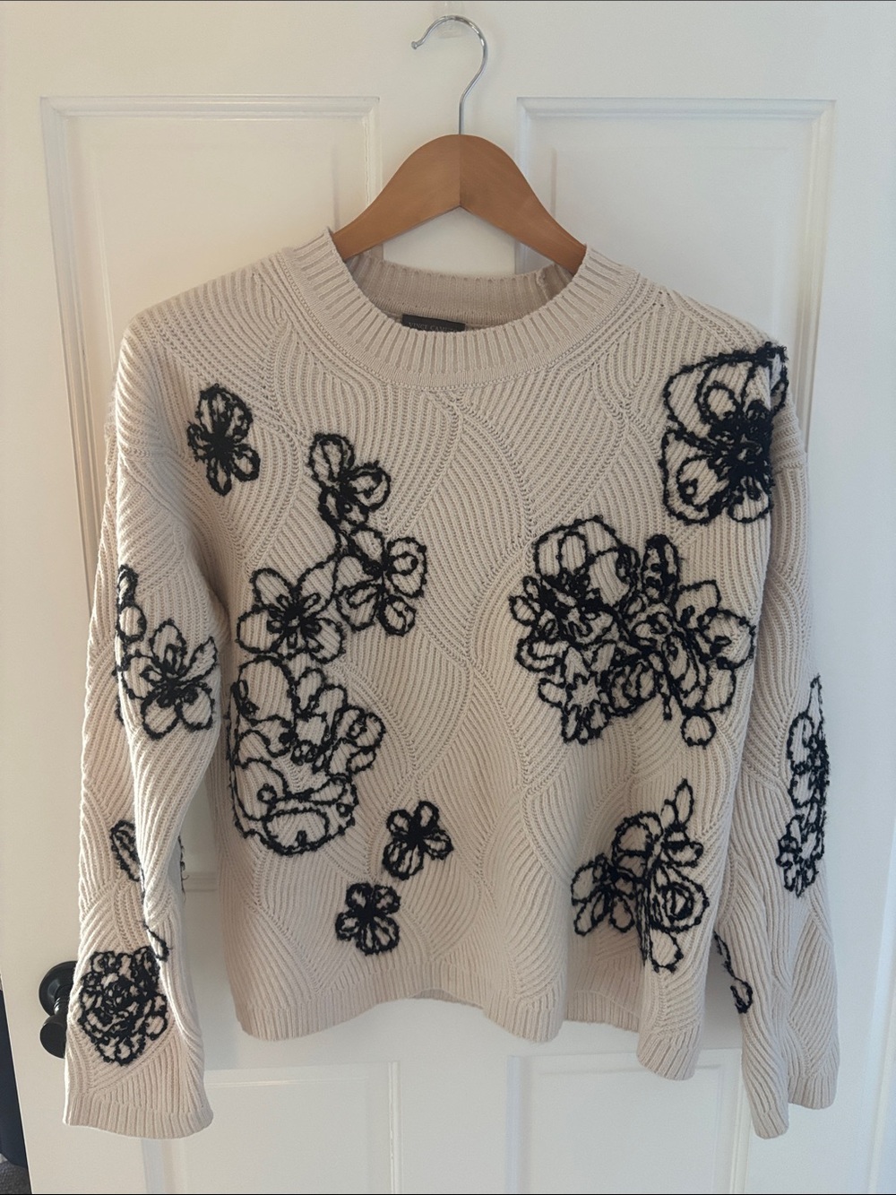 Vince Camuto Cream Knit Crewneck Sweater with Black Floral Appliqué